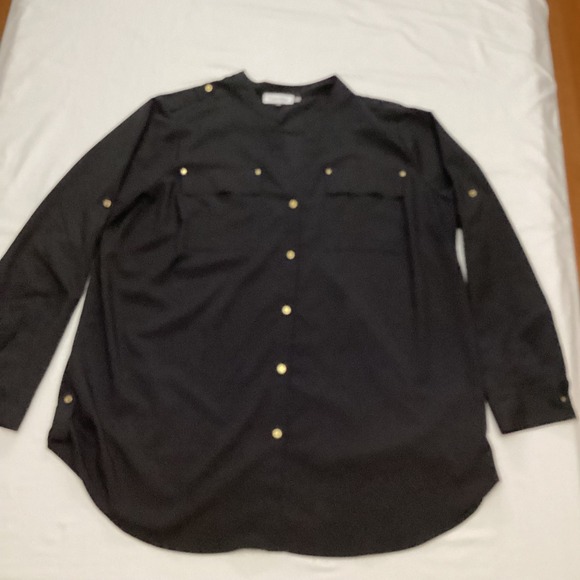 Calvin Klein 1X Black Gold Button Roll Tab Long Sleeve Tunic Blouse Shirt - Picture 1 of 7